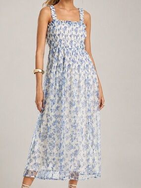 🆕🦋AQUA Blue White Floral Midi Dress Size L Bodice Tulle Overlay Cottagecore